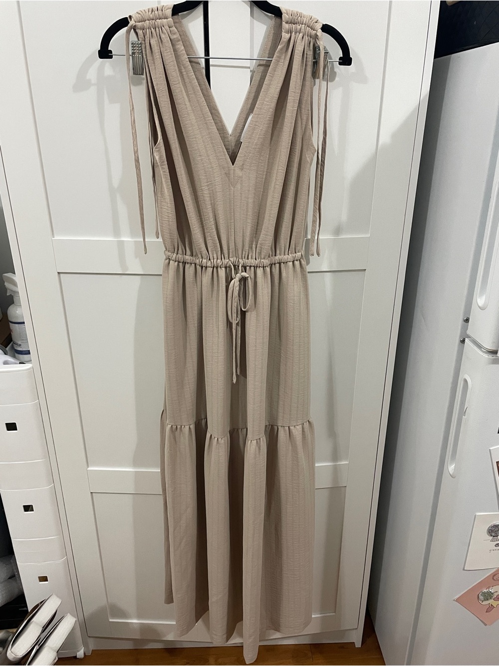 Calvin Klein Sleeveless V-Neck Tie-Waist Maxi Dress in Beige